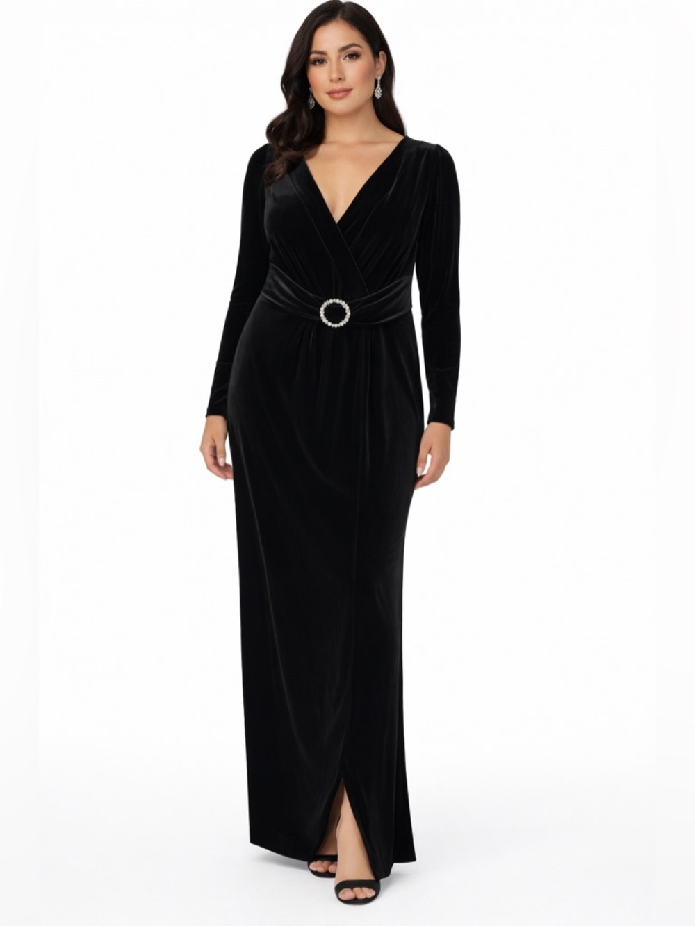 XSCAPE Velvet Long Sleeve Gown black with Jewel Buckle accent 12